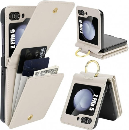 Husa pentru Samsung Z Flip 5 cu suport de card si inel , bej
