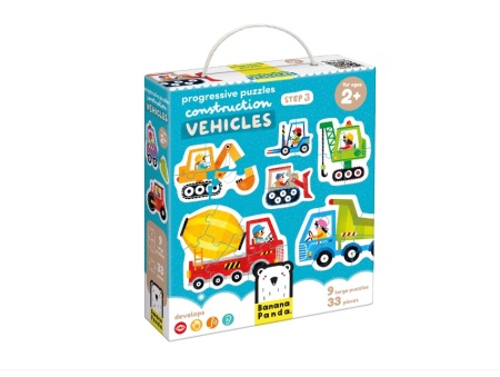 Joc tip puzzle pentru copii si bebelusi, Banana Panda, Progressive Puzzles Construction Vehicles, 9 vehicule santier formate din 2-6 piese