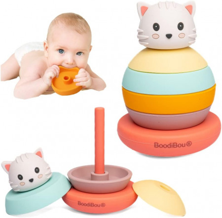 Jucarie educativa Montessori pentru bebelusi BoodiBou, model pisica, silicon, multicolor , 10,5 x 7,2 x 6,2 cm