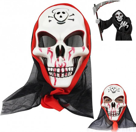 Masca infricosatoare pentru carnaval Enaiah, PVC, alb/negru/rosu, 25 x 16 cm