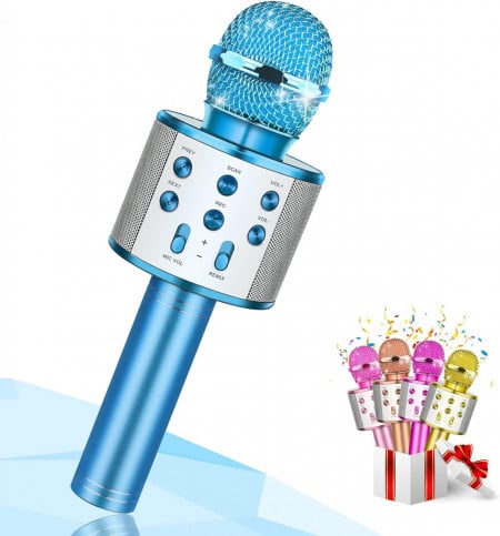 Microfon profesional wireless karaoke cu Bluetooth DEVRNEZ , albastru, difuzor, radio FM, USB TF, inregistrare sunet, acumulator, 25 x 9,5 cm