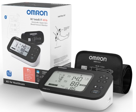 Pachet Tensiometru de brat automat OMRON M7 IT AFib, Tehnologie Intellisense, Adaptor AC original Omron, Alb, Resigilat, Grad A - Img 1