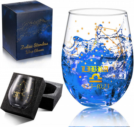 Pahar pentru vin cu inscriptie zodia balanta Nuenen, sticla, transparent /auriu, 12 x 7,3 cm - Img 1