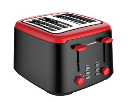 Prajitor de paine Heinner Wassay 1450 HTP-1450BKR, 1450W, capacitate 4 felii, 7 niveluri de rumenire, negru/Rosu, RESIGILAT (produs expus in showroom), 1 AN GARANTIE