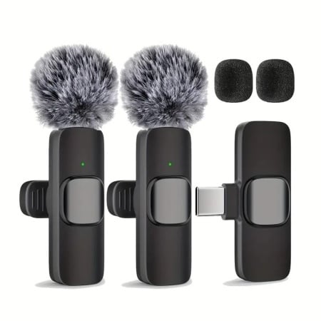 Set 2 microfoane, Sistem de Microfon Fără Fir cu Clip pentru Guler, Captare Omnidirecțională, USB-C, Înregistrare la o Singura Atingere și Baterie Reîncărcabilă pentru Live Streaming, Conferințe Video, Microfon Wireless pentru Cântat, Negru