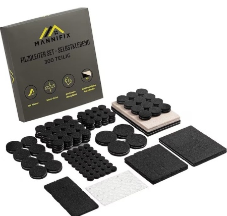 Set 300 tampoane pentru podea din pasla MANNIFIX autoadezive, pentru picioare scaun, mobila, 12 dimensiuni, Resigilat, Grad A