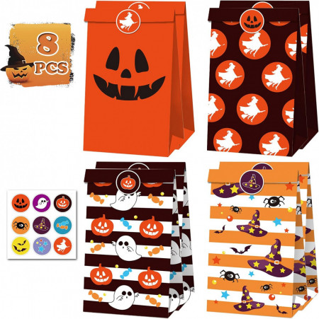 Set 8 pungi de cadouri cu stickere pentru Halloween FullJoyHut, hartie, multicolor, 20 x 7.8 x 12 cm