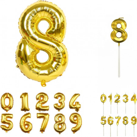 Set aniversar cu balon si lumanare pentru 8 ani REVIBOS, folie/ceara, auriu, 100 cm / 12,5 x 3,5 cm