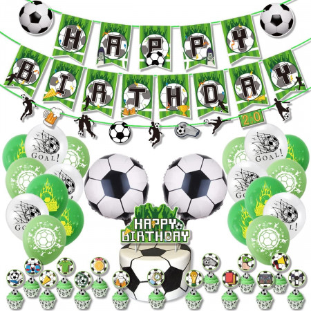 Set aniversar cu tematica fotbal HEREER, hartie/latex, alb/verde/ negru, 43 piese