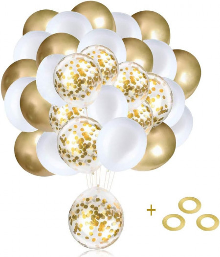 Set baloane Elion, latex, alb/auriu, 60 piese