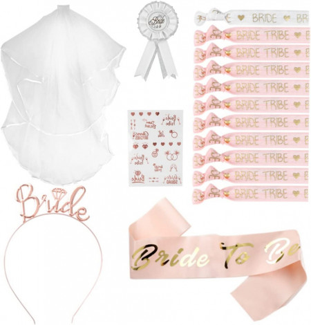 Set de 16 accesorii pentru nunta Soomill, textil, rose/alb/auriu - Img 1