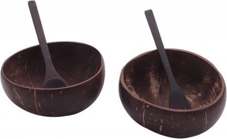 Set de 2 boluri cu lingura si furculita YULIN, lemn de nuca de cocos, maro, 19 x 13 x 5 cm - Img 1