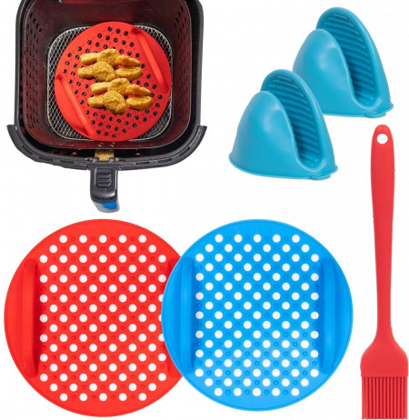 Set de 2 covorase cu manusi si pensula pentru friteuza cu aer Capoferri, silicon, albastru/rosu, 20 cm