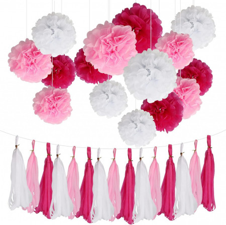 Set de 20 decoratiuni pentru petrecere Gxhong, hartie, alb/roz