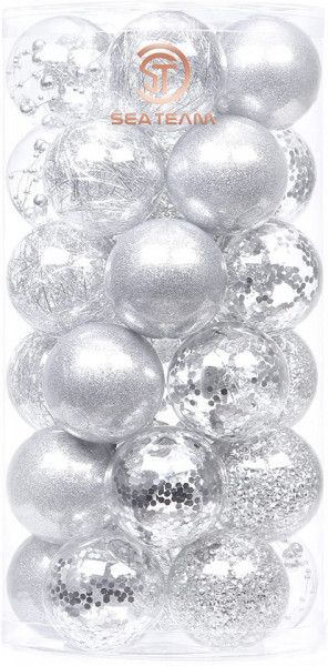 Set de 30 globuri de Craciun Sea Team, transparent/argintiu, plastic ,6 cm