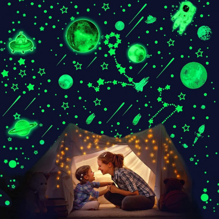 Set de 4 coli cu autocolante luminoase pentru camera copiilor SupLetsico, PVC, verde, 20 x 28 cm