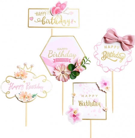 Set de 5 decoratiuni pentru tort Aabellay, hartie, roz/auriu