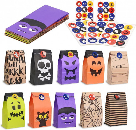 Set de 50 pungi cu 60 autocolante pentru Halloween Cymax, hartie, multicolor, 15 x 9 x 5,5 cm