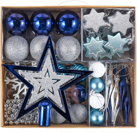 Set de 52 ornamente de Craciun Valery Madelyn, plastic, argintiu/alb/albastru - Img 1