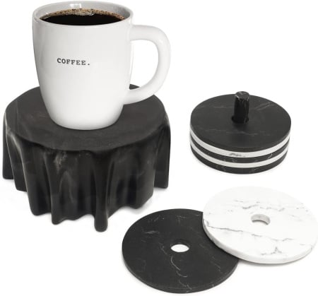 Set de 6 coastere cu suport Suanti, rasina, negru/alb, 10 cm