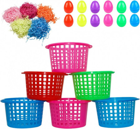 Set de 6 cosuri cu 5 pungi de iarba colorata si 12 oua pentru Paste Holady, plastic, multicolor