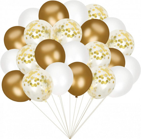 Set de 60 baloane cu confetti Colmanda, alb/auriu, latex, 30 cm