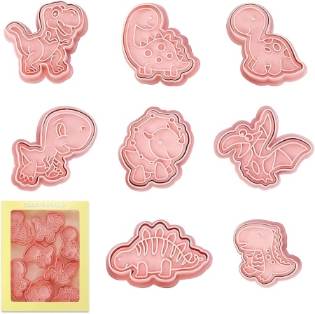 Set de 8 forme pentru biscuiti Veaoiy, model dinozauri, polipropilena, roz