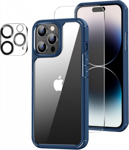 Set de husa cu folii de ecran si camera compatibil cu iPhone 14 Pro Max Amizee, TPU/sticla securizata, albastru/transparent, 6,7 inchi