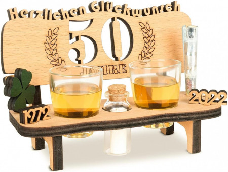 Set de pahare si banca cu gravura eleganta pentru aniversare 50 ani Brynnberg, lemn/sticla, natur/transparent