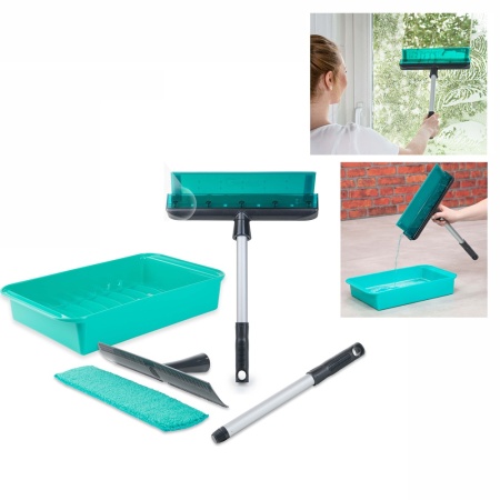 Set de stergator de geam cu racleta si tava Genius, turcoaz, 6 piese