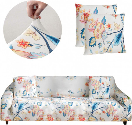 Set husa elastica pentru canapea si o husa perna Bikuer, model floral, poliester/spandex, multicolor, 218 x 287 cm