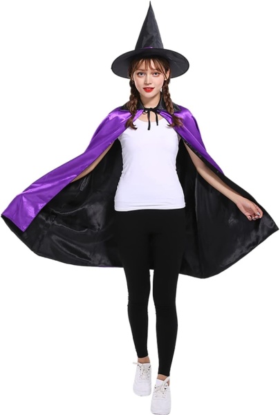 Set pelerina si palarie pentru Halloween A-Szcxtop, satin, mov/negru, 90 cm, marimea L