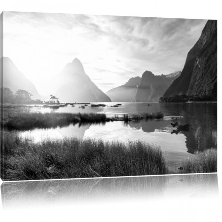 Tablou &quot;Milford Sound New Zealand&quot;, panza, alb-negru, 70 x 100 x 1,8 cm - Img 1