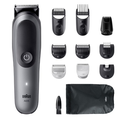 Aparat de tuns multifunctional Braun All-in-One Seria 5 AIO5560, 11-in-1, Lama ultra ascutita, 7 Piepteni, 1 Mini Cap de ras, 1 Cap tuns SkinGuard, 1 Perie de curatare, 1 Saculet, AquaGrip pentru control sub dus, Resigilat, Grad A