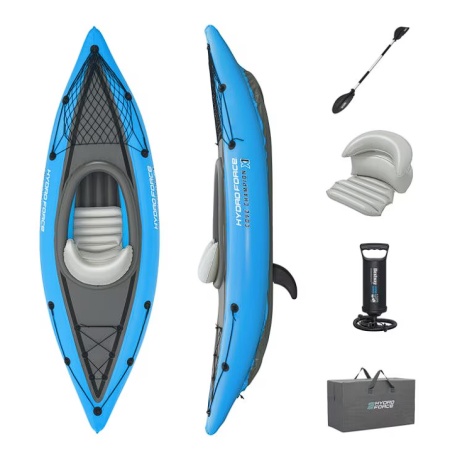 Caiac 1 persoana Bestway Cove champion, greutate maxim suportata 100kg, 275 x 81 x 45 cm, 1 padela de aluminiu de 230cm, pompa manuala inclusa, Resigilat, Grad A