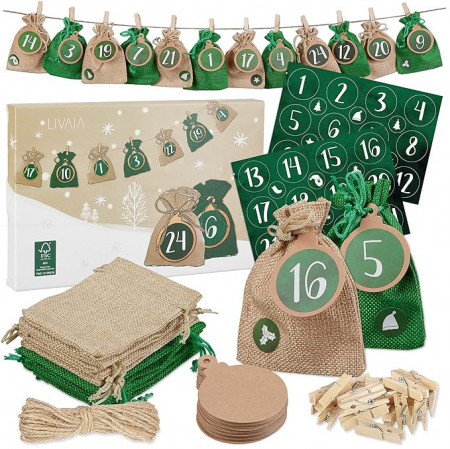 Calendar de advent LIVAIA, 24 pungi, textil, verde si bej, 12 x 9 cm