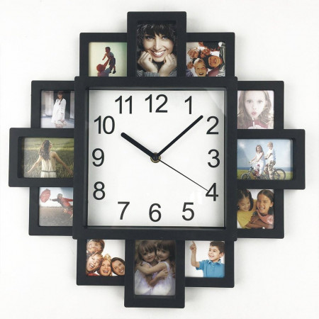 Ceas de perete cu rame foto Genena, lemn/sticla/plastic, negru, 40 x 40 x 4,5 cm