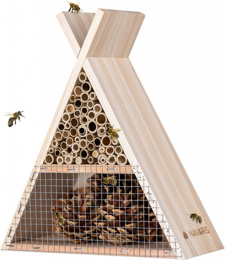 Cuib pentru albine Navaris, lemn/metal, natur, 22.5 x 21 x 8 cm