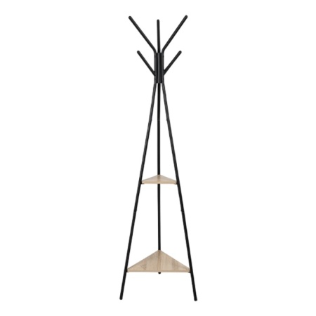 Cuier metalic tip pom KL Coly, 6 agatatori, de podea, cu spatiu depozitare, 49 x 49 x 181 cm, negru/natur