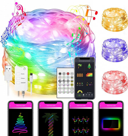 Ghirlanda de lumini cu telecomanda si aplicatie pe telefon YiKAiLi, multicolor, bluetooth, 66 LED-uri, 10 m