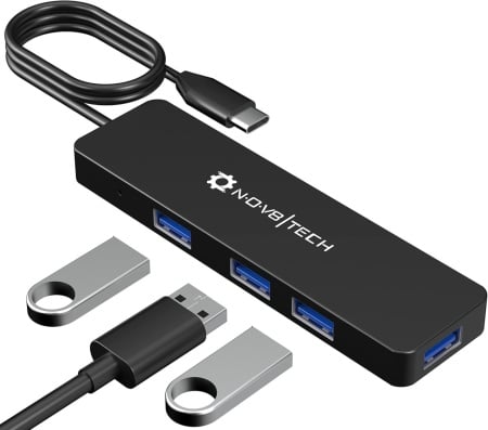 Hub cu 4 porturi USB 3.0 NOV8Tech, plastic/metal, negru/albastru, 60 cm