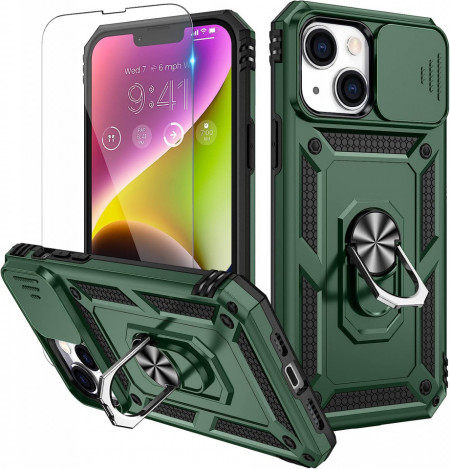 Husa de protectie cu inel compatibil cu iPhone 14 Pro HWeggo, policarbonat/poliuretan, verde, 6,7 inchi
