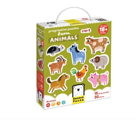 Joc tip puzzle pentru copii si bebelusi, Banana Panda, Progressive Puzzles Farm Animals, 15 animale de la ferma formate din 2 piese