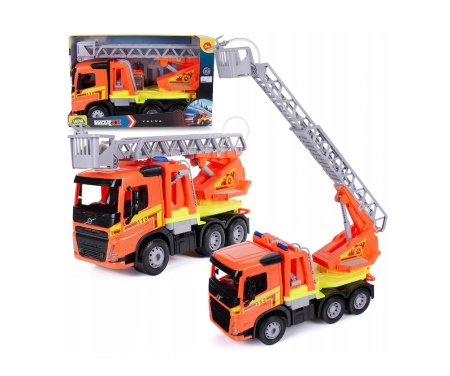 Jucarie pentru copii, Camion Pompieri WORXX Kipper Volvo FMX, Lena, din plastic, 49 cm lungime, cu scara functionala si furtun stropitor, rezervor 250 ml apa