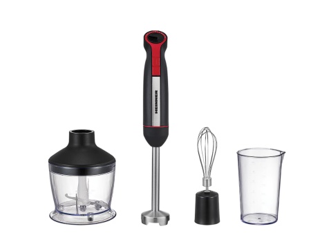 Mixer vertical Heinner HHB-DC1200BKRD, 1200w, motor DC, viteza variabila + turbo, picior blender inox, lame inox, accesorii: tel, tocator (500ml), cana mixat (600ml), negru/rosu, Resigilat, Grad B
