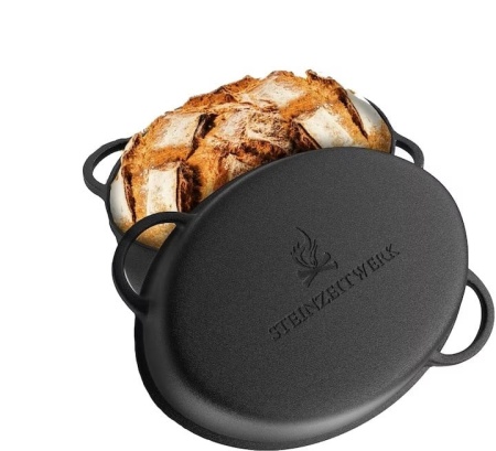 Oala cu capac Steinzeitwerk din fonta, 6 l, 2in1, pentru cuptor, plita, gaz, electric, cu inductie, ovala, 35x25x17 cm, Negru, Resigilat, Grad A
