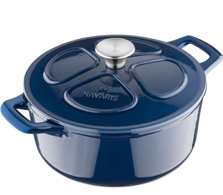 Oala fonta emailata Navaris, albastru, cu capac, pentru cuptor, plita, gaz, electric, cu inductie, cu infrarosu, 24 cm, 3.5 l, Resigilat, Grad B