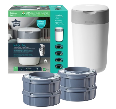 Pachet Cos pentru scutece + 4 Rezerve Tommee Tippee Sangenic Twist and Click Reciclabil, Alb/Gri, Resigilat, Grad A