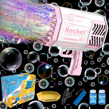 Pistol electric pentru baloane de sapun Leonshco, plastic, alb/roz, 21,5 x 22 cm
