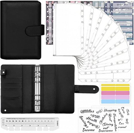 Planificator de buget cu accesorii si etichete Iycorish, PU/hartie/plastic, negru, 19 x 13 cm - Img 1